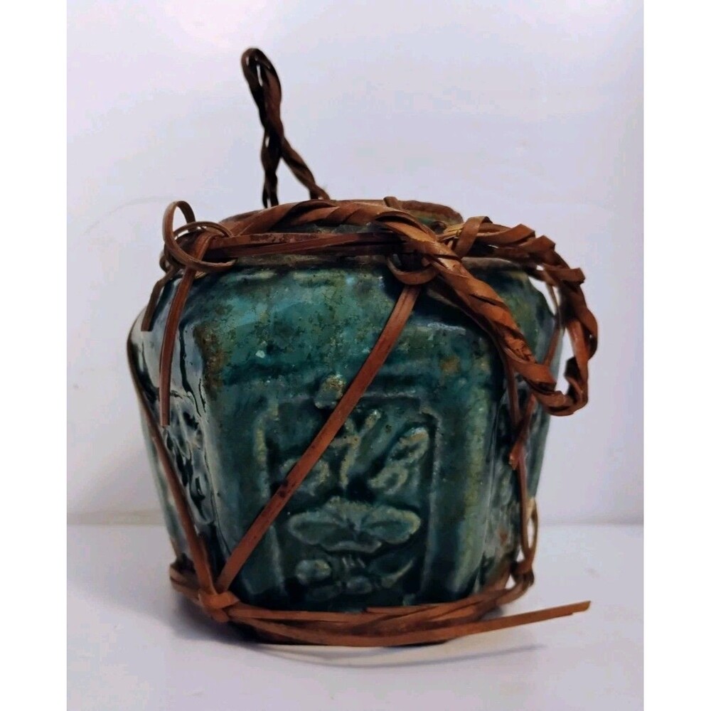 Antique Chinese Shiwan Hexagonal Turquoise Glaze Ginger Jar Wicker Basket Wrap